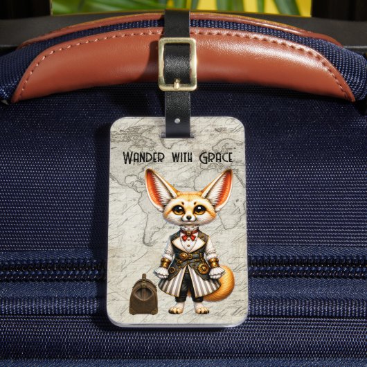 Steampunk-Fennec-Fuchs-Weltreisender Gepäckanhänger (Vorderseite Insitu 2)