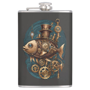 Steampunk-Fisch im Vintage-Retro-Stil Flachmann