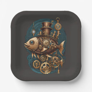 Steampunk-Fisch im Vintage-Retro-Stil Pappteller