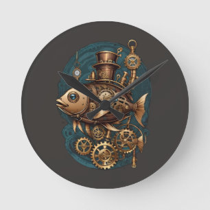 Steampunk-Fisch im Vintage-Retro-Stil Runde Wanduhr