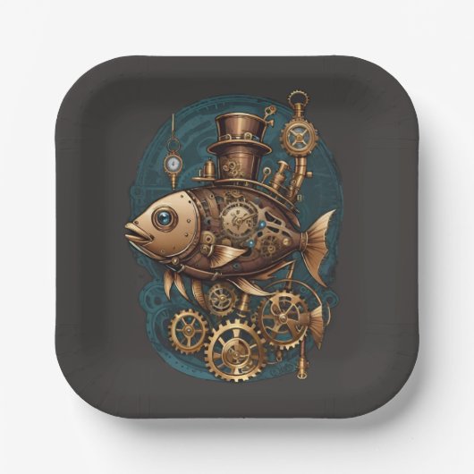 Steampunk Fish Vintag Retro Style Pappteller (Vorderseite)