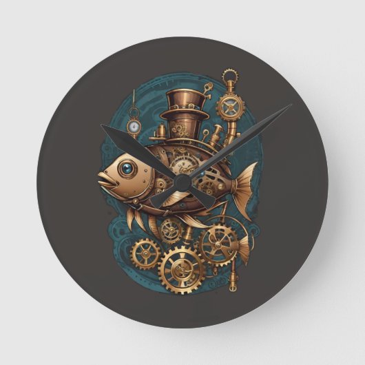 Steampunk Fish Vintag Retro Style Runde Wanduhr (Vorderseite)