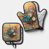 Steampunk Floral Ofenhandschuh & Topflappen-Set (Vorderseite/Rückseite)