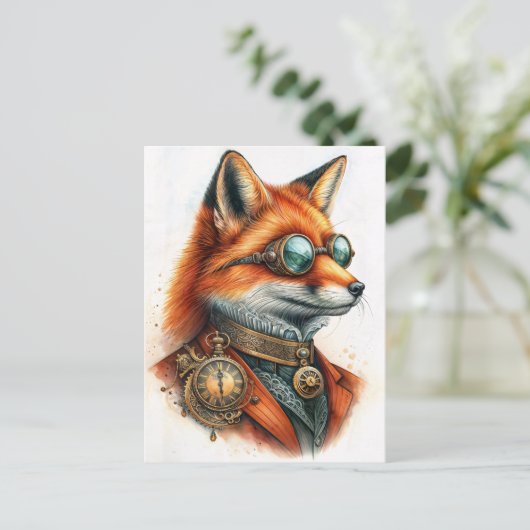 Steampunk Fox - Timekeeper Watercolor Postkarte (Stehend Vorderseite)