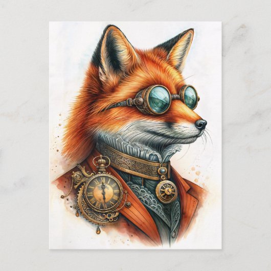 Steampunk Fox - Timekeeper Watercolor Postkarte (Vorderseite)