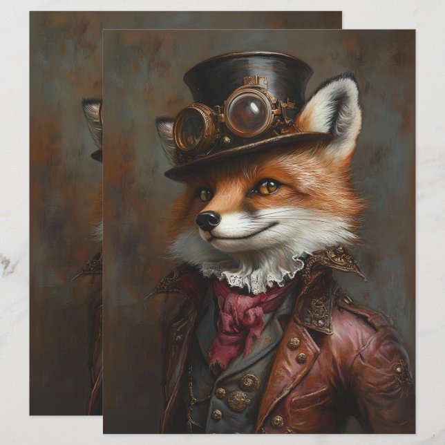 Steampunk Fox Wearing Goggles Scrapbook Paper (Vorne/Hinten)