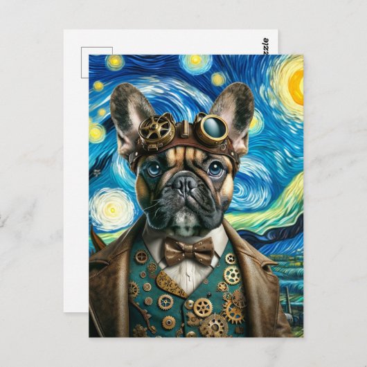 Steampunk French Bulldog in der Sternennacht Postkarte (Vorne/Hinten)