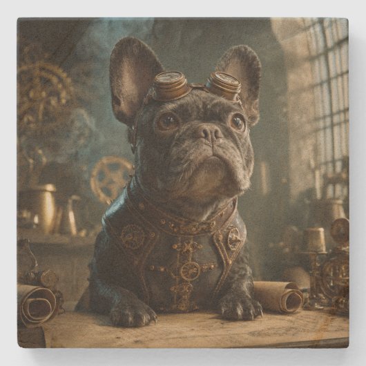 Steampunk Frenchie (Edition 1) - SandStone Unterse Steinuntersetzer (Vorderseite)