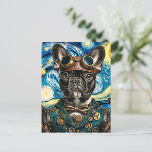 Steampunk Frenchie in der Sternennacht Postkarte (Stehend Vorderseite)