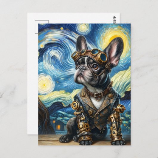 Steampunk Frenchie Puppy in der Sternennacht Postkarte (Vorne/Hinten)
