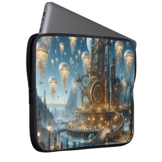 Steampunk Futuristic Ancient City mit Qualle Laptopschutzhülle (Vorne Rechts)