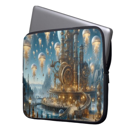 Steampunk Futuristic Ancient City mit Qualle Laptopschutzhülle (Vorderseite Links)