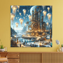 Steampunk Futuristic Ancient City mit Qualle Leinwanddruck