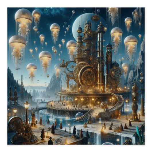 Steampunk Futuristic Ancient City mit Qualle Poster (Vorderseite)