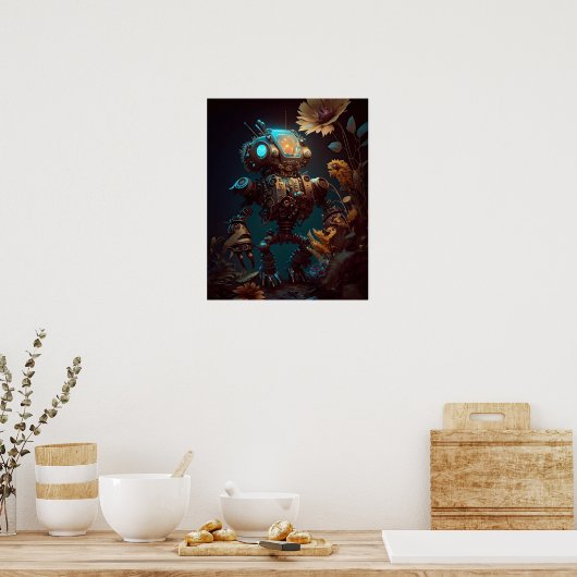 Steampunk Futuristic Robot & Blume Poster (Küche)