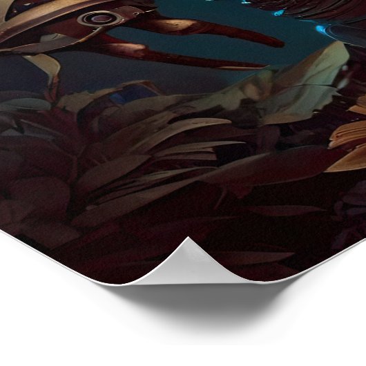 Steampunk Futuristic Robot & Blume Poster (Ecke)