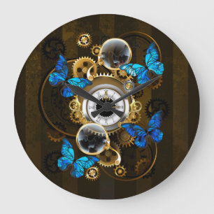 Steampunk Gears and Blue Butterflies Große Wanduhr