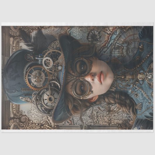 Steampunk Gears Aquamarin Girl Decoupage Seidenpapier (Vorderseite)
