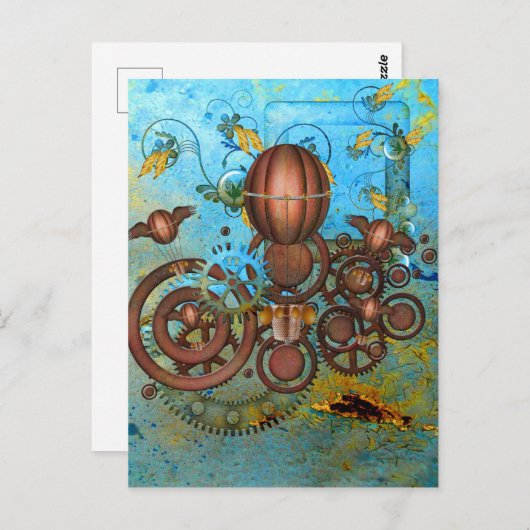 Steampunk Gears Collage Aqua Kupfer Postkarte (Vorne/Hinten)