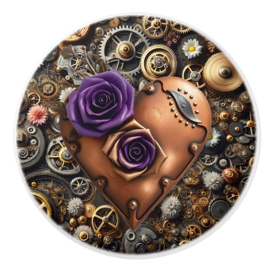 Steampunk Gears, Flowers and Copper Heart Keramikknauf (Vorderseite)