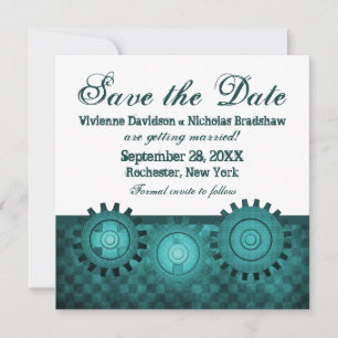 Steampunk Gears Save the Date einladen, Aquamarin Einladung