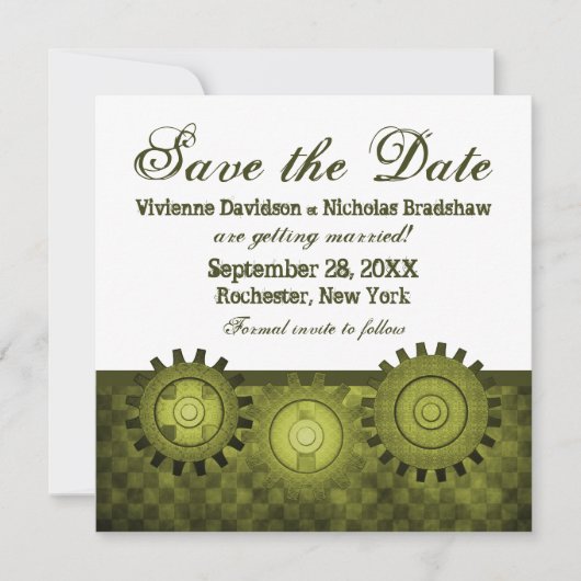 Steampunk Gears Save the Date einladen, grün Einladung (Vorderseite)