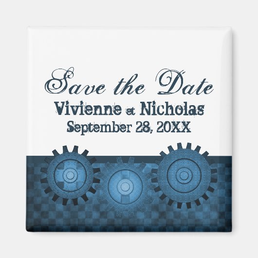 Steampunk Gears Save the Date Magnet, Blue Magnet (Vorne)