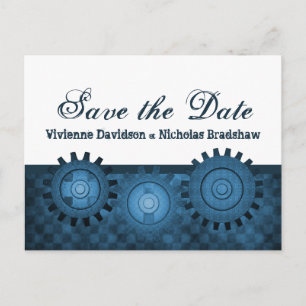 Steampunk Gears Save the Date Postcard, blau Ankündigungspostkarte