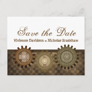 Steampunk Gears Save the Date Postcard, Braun Ankündigungspostkarte