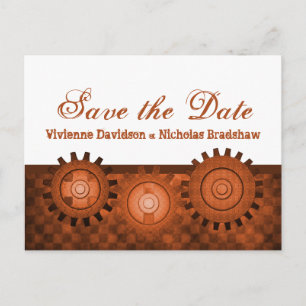 Steampunk Gears Save the Date Postcard, Orange Ankündigungspostkarte
