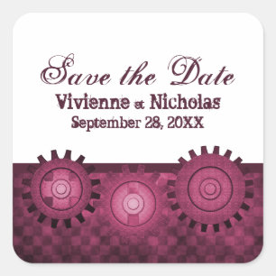 Steampunk Gears Save the Date Stickers, Fuchsia Quadratischer Aufkleber