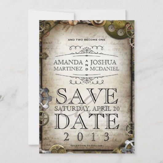 Steampunk Gears Save the Date Viktorianisch (Vorderseite)
