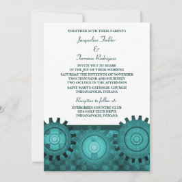 Steampunk Gears Wedding Invite, Aquamarin Einladung
