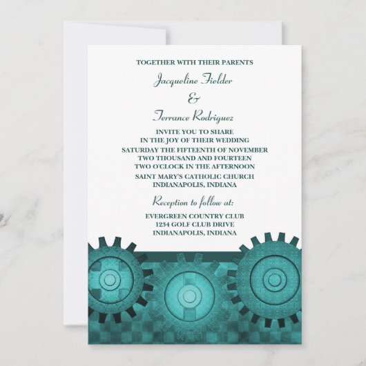 Steampunk Gears Wedding Invite, Aquamarin Einladung (Vorderseite)