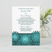 Steampunk Gears Wedding Invite, Aquamarin Einladung (Stehend Vorderseite)