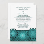 Steampunk Gears Wedding Invite, Aquamarin Einladung (Vorne/Hinten)