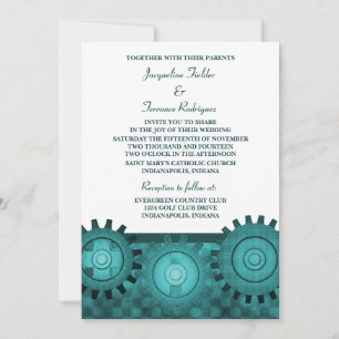 Steampunk Gears Wedding Invite, Aquamarin Einladung