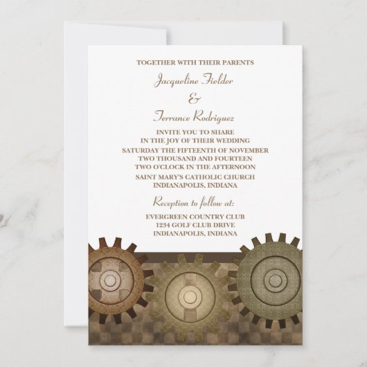 Steampunk Gears Wedding Invite, Brown Einladung (Vorderseite)