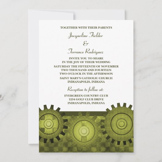 Steampunk Gears Wedding Invite, Green Einladung (Vorderseite)