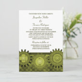 Steampunk Gears Wedding Invite, Green Einladung (Stehend Vorderseite)