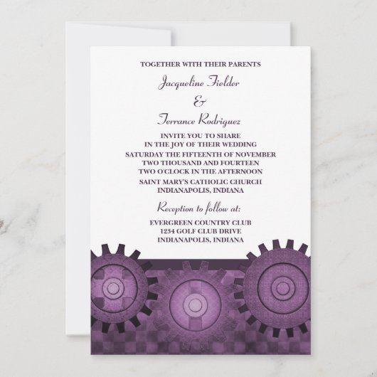 Steampunk Gears Wedding Invite, Lila Einladung (Vorderseite)