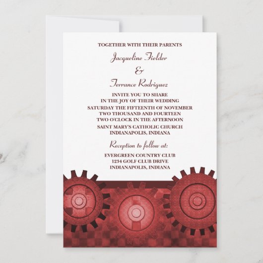 Steampunk Gears Wedding Invite, Red Einladung (Vorderseite)