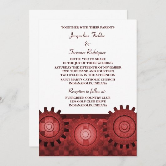 Steampunk Gears Wedding Invite, Red Einladung (Vorne/Hinten)