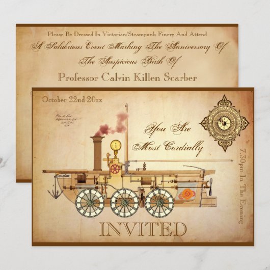 Steampunk Geburtstags-Party Einladung (Vorne/Hinten)