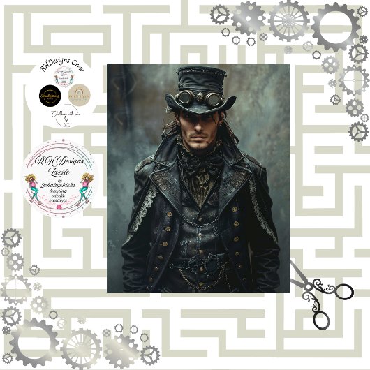 Steampunk Gentleman in Black Decoupage Seidenpapier