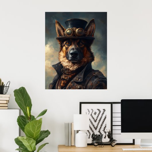 Steampunk German Shepherd Dog in Top Hat Poster (Heimbüro)