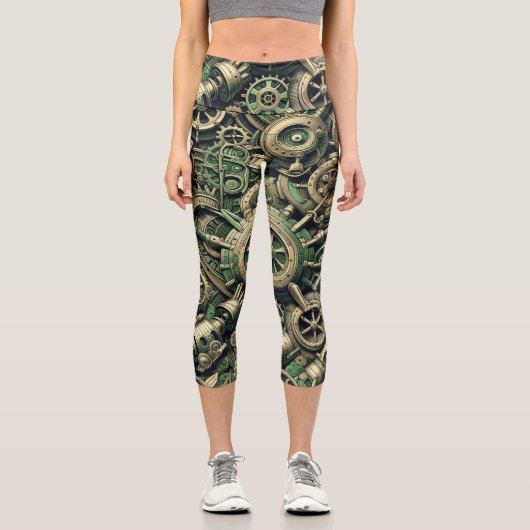 Steampunk Gewerke für grüne Mechanik Capri Leggings (Vorderseite)