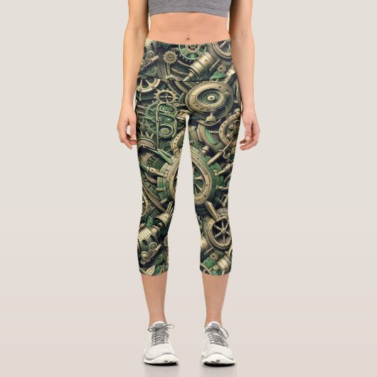Steampunk Gewerke für grüne Mechanik Capri Leggings (Vorderseite)