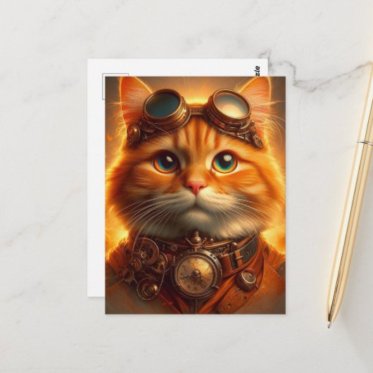Steampunk Ginger Cat Postkarte (Vorderseite/Rückseite Beispiel)