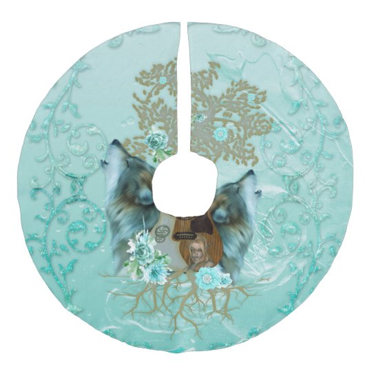 Steampunk-Gitarre mit Wölfen Leinenimitat Weihnachtsbaumdecke (Vorderseite)